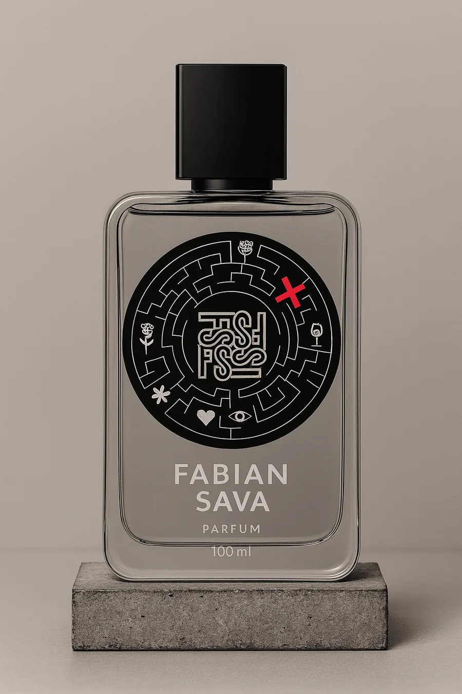 Flacon concept Maison Fabian Sava, sticlă transparentă cu etichetă rotundă neagră cu labirint